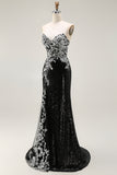 Sparkly Black Silver Mermaid Strapless Corset Sequin Long Prom Dress