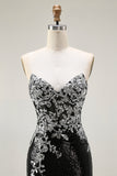 Sparkly Black Silver Mermaid Strapless Corset Sequin Long Prom Dress