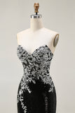 Sparkly Black Silver Mermaid Strapless Corset Sequin Long Prom Dress