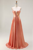 Metallic Orange Corset A-Line Beaded Long Prom Dress with Lace Up Back