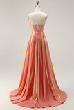 Metallic Orange Corset A-Line Beaded Long Prom Dress with Lace Up Back