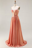 Metallic Orange Corset A-Line Beaded Long Prom Dress with Lace Up Back