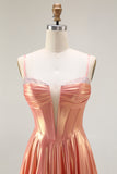 Metallic Orange Corset A-Line Beaded Long Prom Dress with Lace Up Back