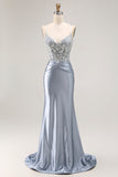 Grey Blue Mermaid Corset Sequins Long Prom Dress with Beading