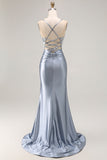 Grey Blue Mermaid Corset Sequins Long Prom Dress with Beading