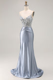 Grey Blue Mermaid Corset Sequins Long Prom Dress with Beading
