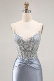 Grey Blue Mermaid Corset Sequins Long Prom Dress with Beading