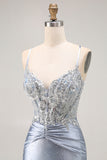 Grey Blue Mermaid Corset Sequins Long Prom Dress with Beading