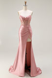 Sweetheart Beaded Mermaid Corset Appliqued Blush Long Prom Dress with Slit