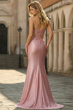 Sweetheart Beaded Mermaid Corset Appliqued Blush Long Prom Dress with Slit
