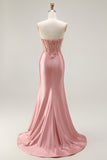 Sweetheart Beaded Mermaid Corset Appliqued Blush Long Prom Dress with Slit