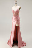 Sweetheart Beaded Mermaid Corset Appliqued Blush Long Prom Dress with Slit