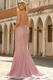 Blush Sweetheart Beaded Mermaid Corset Appliqued Long Prom Dress with Slit