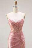 Sweetheart Beaded Mermaid Corset Appliqued Blush Long Prom Dress with Slit