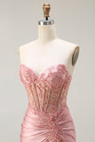 Sweetheart Beaded Mermaid Corset Appliqued Blush Long Prom Dress with Slit