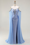 Blue Mermaid Cold Shoulder Corset Beaded Satin Convertible Long Prom Dress with Cape