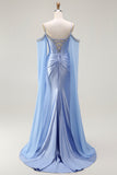 Blue Mermaid Cold Shoulder Corset Beaded Satin Convertible Long Prom Dress with Cape