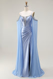 Blue Mermaid Cold Shoulder Corset Beaded Satin Convertible Long Prom Dress with Cape