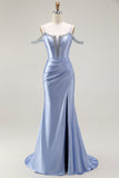 Blue Mermaid Cold Shoulder Corset Beaded Satin Convertible Long Prom Dress with Cape