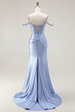 Blue Mermaid Cold Shoulder Corset Beaded Satin Convertible Long Prom Dress with Cape