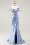 Blue Mermaid Cold Shoulder Corset Beaded Satin Convertible Long Prom Dress with Cape