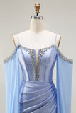 Blue Mermaid Cold Shoulder Corset Beaded Satin Convertible Long Prom Dress with Cape