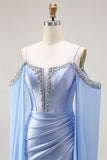 Blue Mermaid Cold Shoulder Corset Beaded Satin Convertible Long Prom Dress with Cape