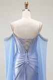 Blue Mermaid Cold Shoulder Corset Beaded Satin Convertible Long Prom Dress with Cape