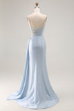 Light Blue Mermaid Pleated Corset Streamer Sequin Long Prom Dress with Slit