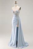 Light Blue Mermaid Pleated Corset Streamer Sequin Long Prom Dress with Slit