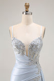 Light Blue Mermaid Pleated Corset Streamer Sequin Long Prom Dress with Slit