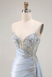 Light Blue Mermaid Pleated Corset Streamer Sequin Long Prom Dress with Slit