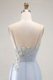 Light Blue Mermaid Pleated Corset Streamer Sequin Long Prom Dress with Slit