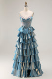 Blue Metallic A-Line Pleated Tiered Corset Beaded Long Prom Dress with Bows