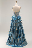 Blue Metallic A-Line Pleated Tiered Corset Beaded Long Prom Dress with Bows