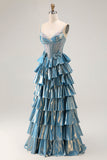 Blue Metallic A-Line Pleated Tiered Corset Beaded Long Prom Dress with Bows