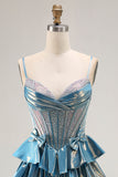 Blue Metallic A-Line Pleated Tiered Corset Beaded Long Prom Dress with Bows