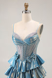 Blue Metallic A-Line Pleated Tiered Corset Beaded Long Prom Dress with Bows