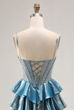 Blue Metallic A-Line Pleated Tiered Corset Beaded Long Prom Dress with Bows
