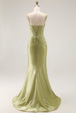 Green Mermaid Corset Lace Up Back Ruched Long Prom Dress with Rhinestones