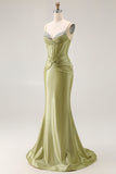 Green Mermaid Corset Lace Up Back Ruched Long Prom Dress with Rhinestones