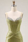 Green Mermaid Corset Lace Up Back Ruched Long Prom Dress with Rhinestones