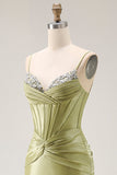 Green Mermaid Corset Lace Up Back Ruched Long Prom Dress with Rhinestones