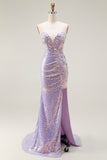 Sparkly Lilac Mermaid Corset Sequins Appliqued Long Prom Dress with Slit