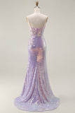 Sparkly Lilac Mermaid Corset Sequins Appliqued Long Prom Dress with Slit