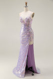 Sparkly Lilac Mermaid Corset Sequins Appliqued Long Prom Dress with Slit