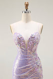 Sparkly Lilac Mermaid Corset Sequins Appliqued Long Prom Dress with Slit