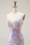 Sparkly Lilac Mermaid Corset Sequins Appliqued Long Prom Dress with Slit