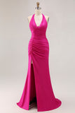 Fuchsia Mermaid Halter Shining Satin Open Back Ruched Long Prom Dress with Slit