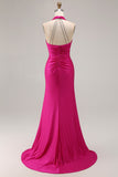 Fuchsia Mermaid Halter Shining Satin Open Back Ruched Long Prom Dress with Slit